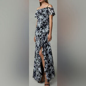 Cachet Long Formal Floral Ruffled Slit Dress flounce black ivory prom garden 6